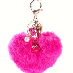 Fabulous Hot Pink Faux Fur Heart 💕Key Chain Handbag Lipstick Charms Barbiecore
